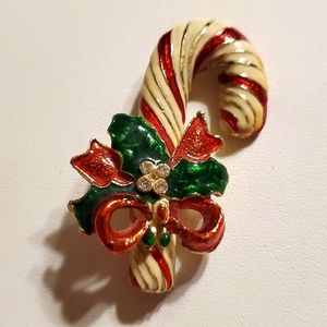 Vintage Candy Cane Mistletoe Enamel and Rhinestones Brooch
